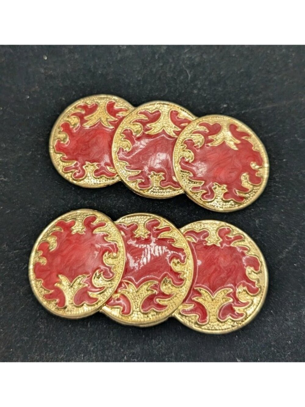 Vintage Set of 2 Hair Clips Medallions Red Gold made in Korea